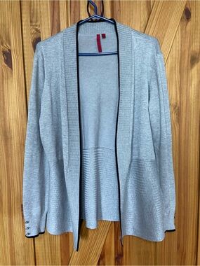 Light Gray Open-Front Cardigan with Black Trim — Women's Layering Sweater